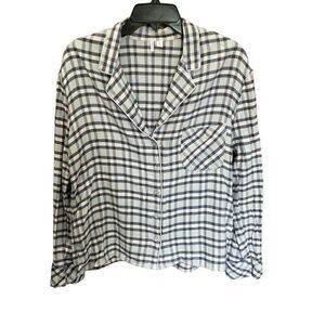 Nordstrom Pajama Top Flannel Button Front Blue Pink Grey Plaid Pocket Medium